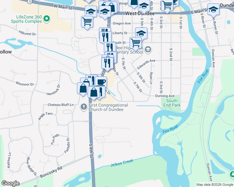 map of restaurants, bars, coffee shops, grocery stores, and more near 636 Edwards Avenue in West Dundee