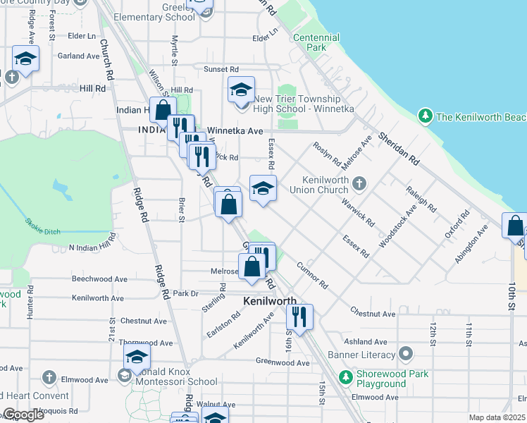 map of restaurants, bars, coffee shops, grocery stores, and more near 542 Abbotsford Road in Kenilworth
