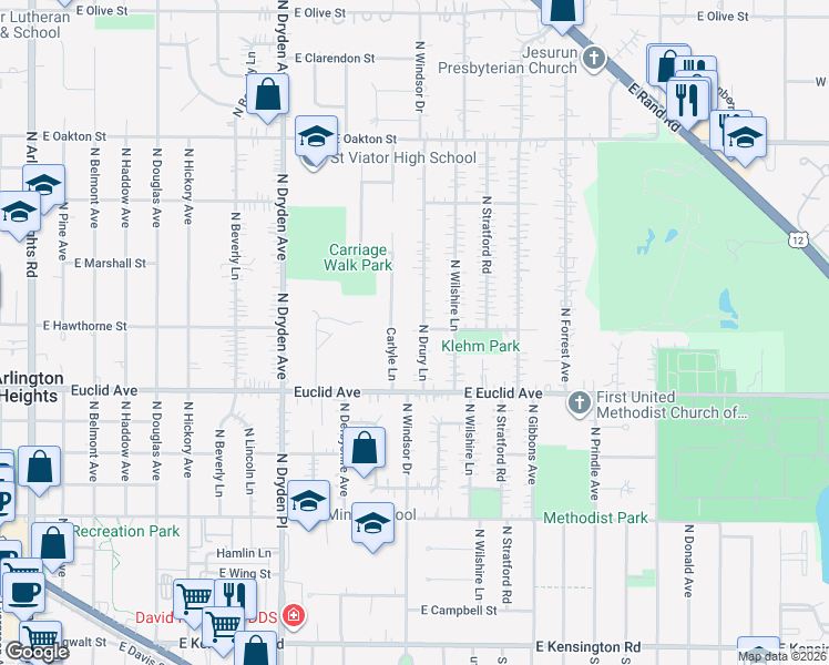 map of restaurants, bars, coffee shops, grocery stores, and more near 641 Carlyle Lane in Arlington Heights