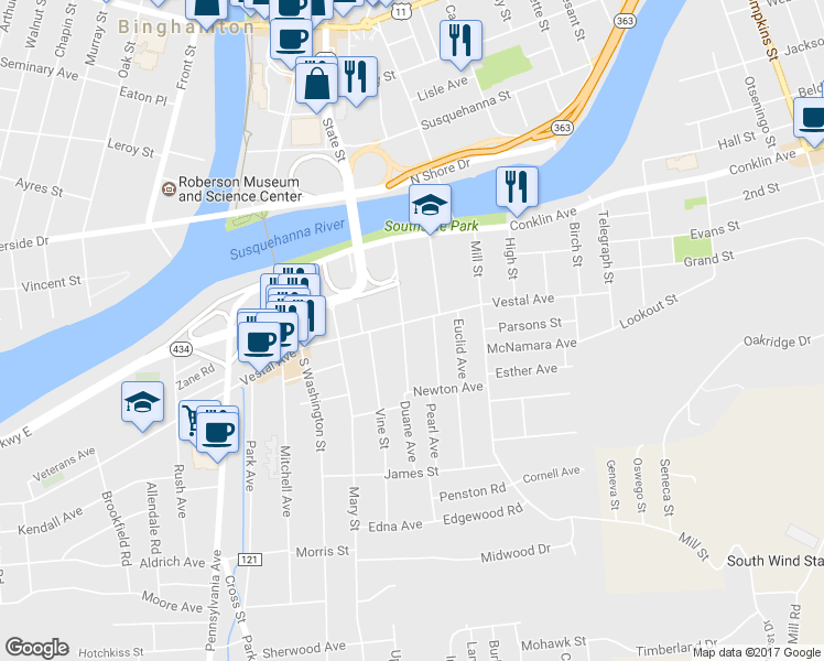 map of restaurants, bars, coffee shops, grocery stores, and more near 1246 Vestal Avenue in Binghamton