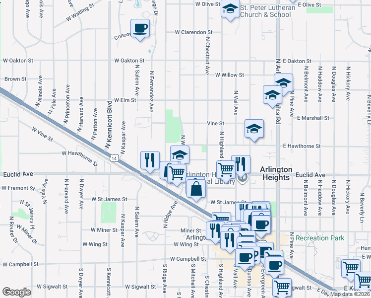 map of restaurants, bars, coffee shops, grocery stores, and more near 421 West Hawthorne Street in Arlington Heights