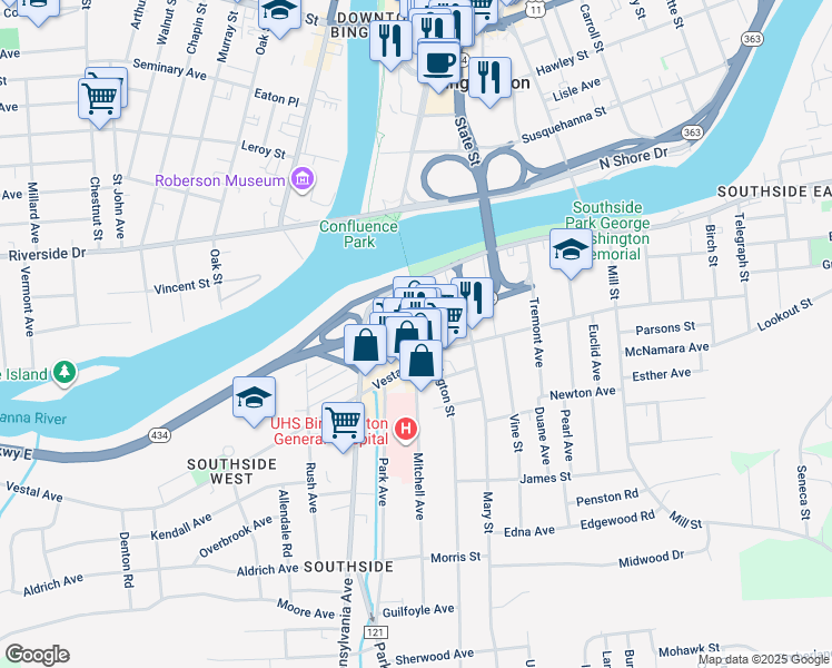 map of restaurants, bars, coffee shops, grocery stores, and more near 46 South Washington Street in Binghamton