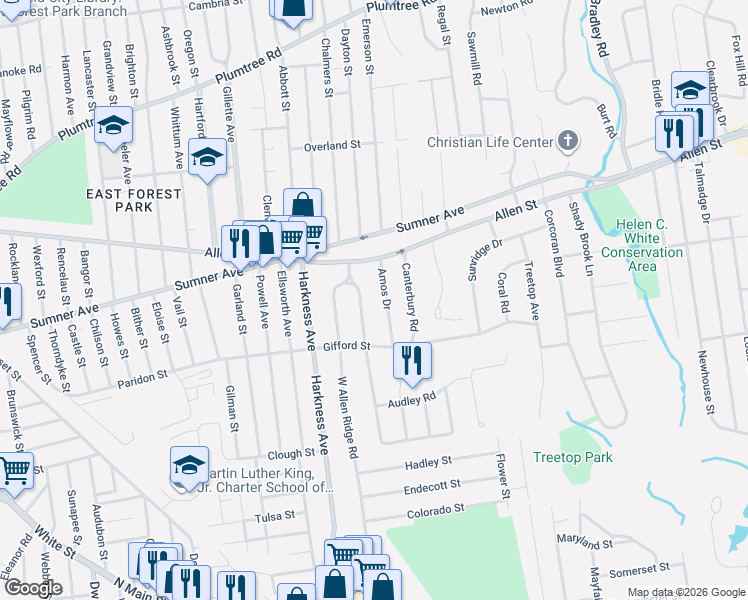 map of restaurants, bars, coffee shops, grocery stores, and more near 56 Amos Drive in Springfield