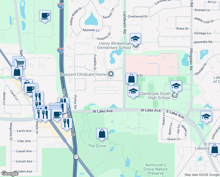 map of restaurants, bars, coffee shops, grocery stores, and more near 4248 Linden Tree Lane in Glenview