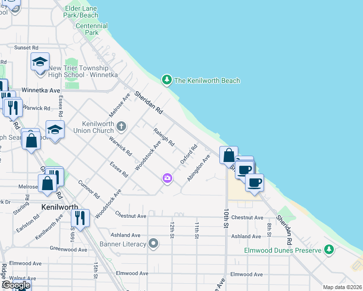 map of restaurants, bars, coffee shops, grocery stores, and more near 221 Raleigh Road in Kenilworth