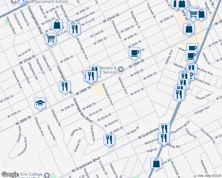 map of restaurants, bars, coffee shops, grocery stores, and more near 1427 W 39th St in Erie