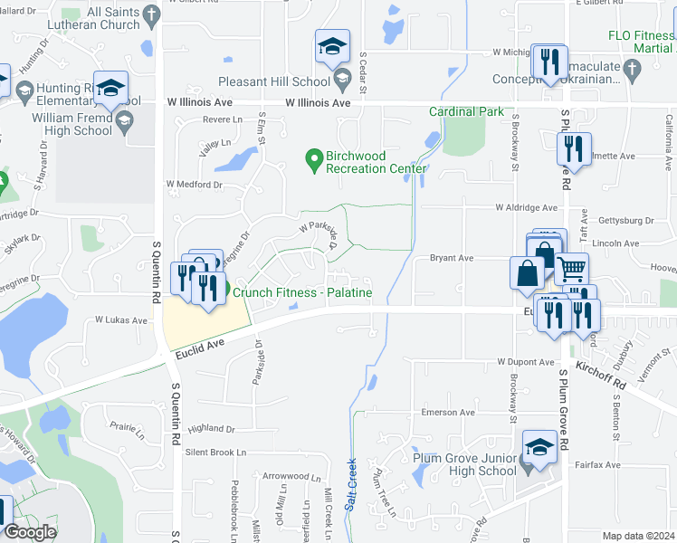 map of restaurants, bars, coffee shops, grocery stores, and more near 454 West Parkside Drive in Palatine