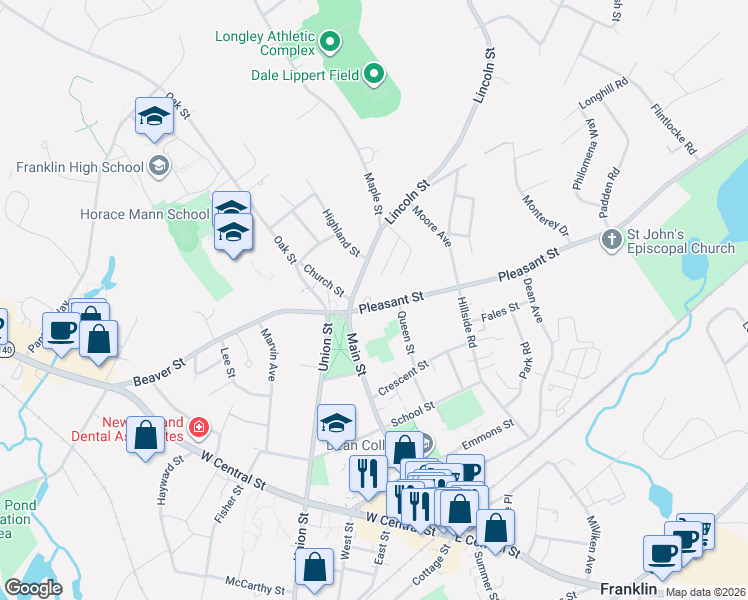 map of restaurants, bars, coffee shops, grocery stores, and more near 20 Pleasant Street in Franklin