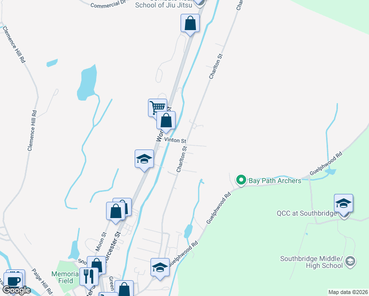 map of restaurants, bars, coffee shops, grocery stores, and more near 539 Charlton Street in Southbridge
