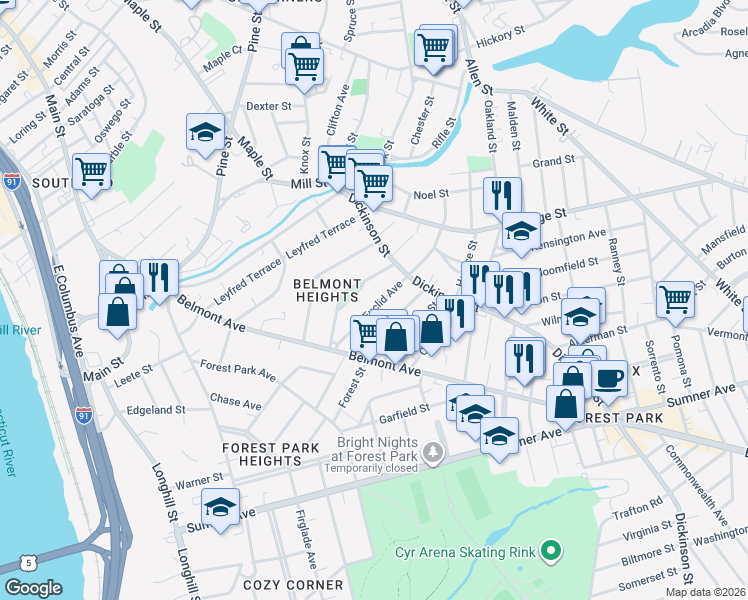 map of restaurants, bars, coffee shops, grocery stores, and more near 79 Marengo Park in Springfield