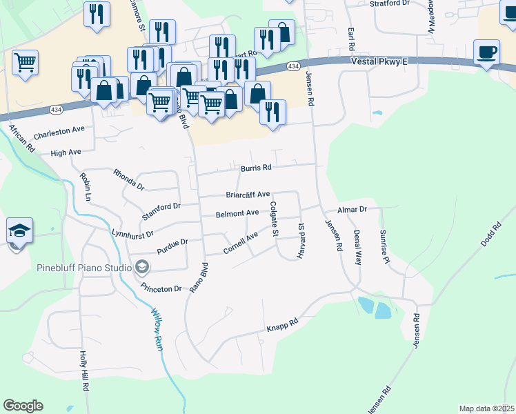 map of restaurants, bars, coffee shops, grocery stores, and more near 3141 Belmont Avenue in Vestal