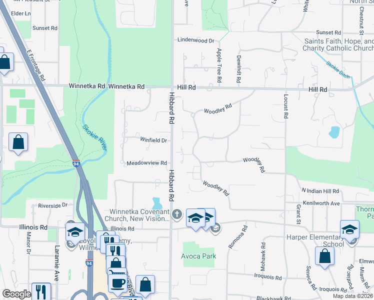 map of restaurants, bars, coffee shops, grocery stores, and more near 62 Woodley Road in Winnetka