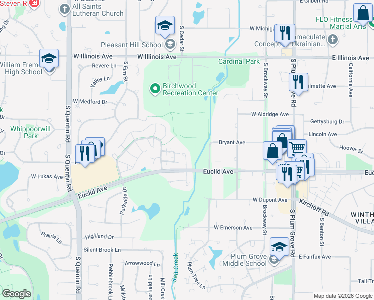 map of restaurants, bars, coffee shops, grocery stores, and more near 1121 South Deverell Ccourt in Palatine