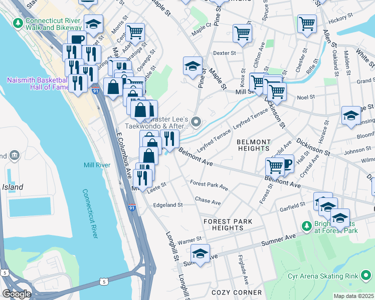 map of restaurants, bars, coffee shops, grocery stores, and more near 41 Belmont Avenue in Springfield