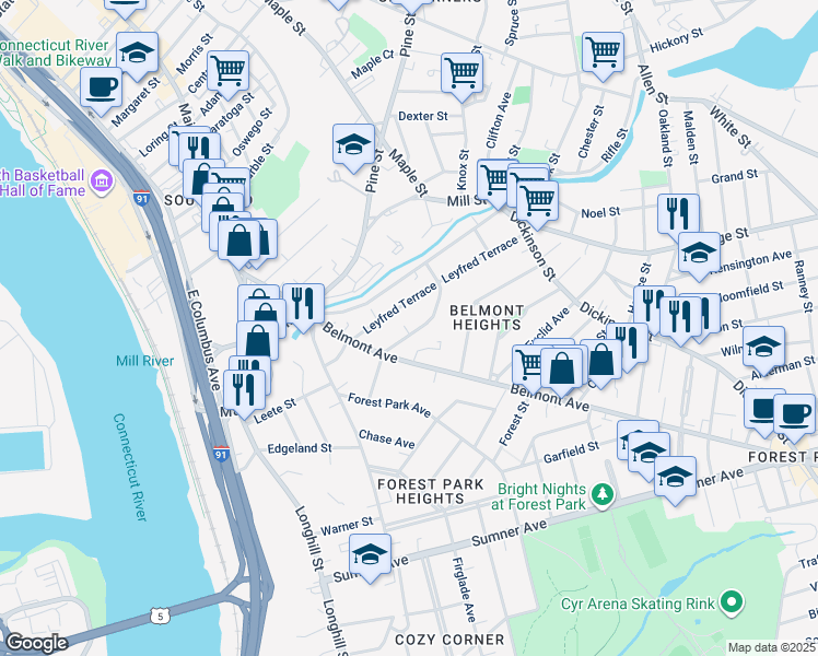map of restaurants, bars, coffee shops, grocery stores, and more near 92 Woodside Terrace in Springfield
