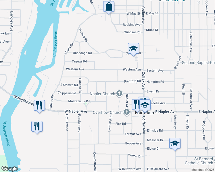 map of restaurants, bars, coffee shops, grocery stores, and more near 1559 Hadley Road in Benton Harbor