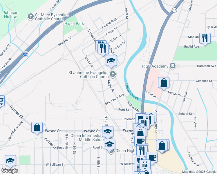 map of restaurants, bars, coffee shops, grocery stores, and more near 901 Maple St in Olean