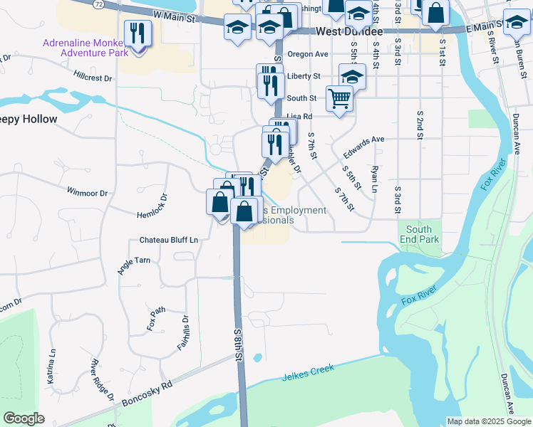 map of restaurants, bars, coffee shops, grocery stores, and more near 651 South 8th Street in West Dundee