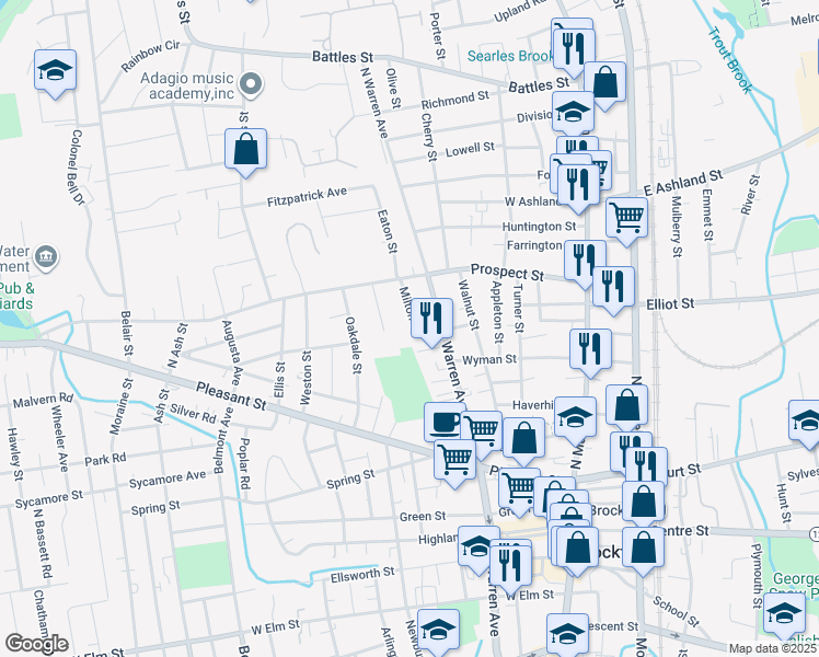 map of restaurants, bars, coffee shops, grocery stores, and more near 32 Milton Street in Brockton