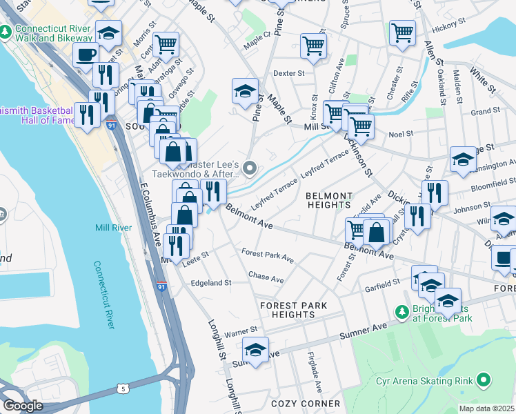 map of restaurants, bars, coffee shops, grocery stores, and more near 23 Leyfred Terrace in Springfield