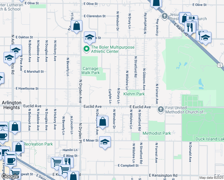 map of restaurants, bars, coffee shops, grocery stores, and more near 641 Carlyle Lane in Arlington Heights