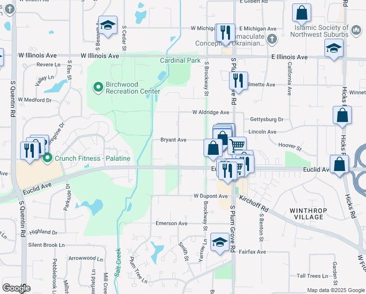 map of restaurants, bars, coffee shops, grocery stores, and more near 1115 South Smith Street in Palatine