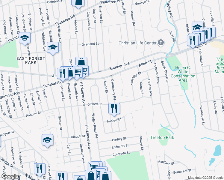 map of restaurants, bars, coffee shops, grocery stores, and more near 52 Canterbury Road in Springfield