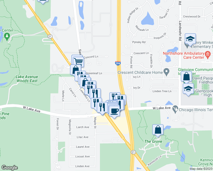 map of restaurants, bars, coffee shops, grocery stores, and more near 3444 Salem Walk in Northbrook