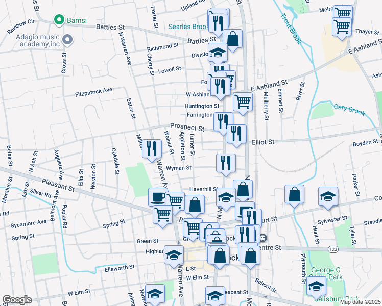 map of restaurants, bars, coffee shops, grocery stores, and more near 66 Turner Street in Brockton