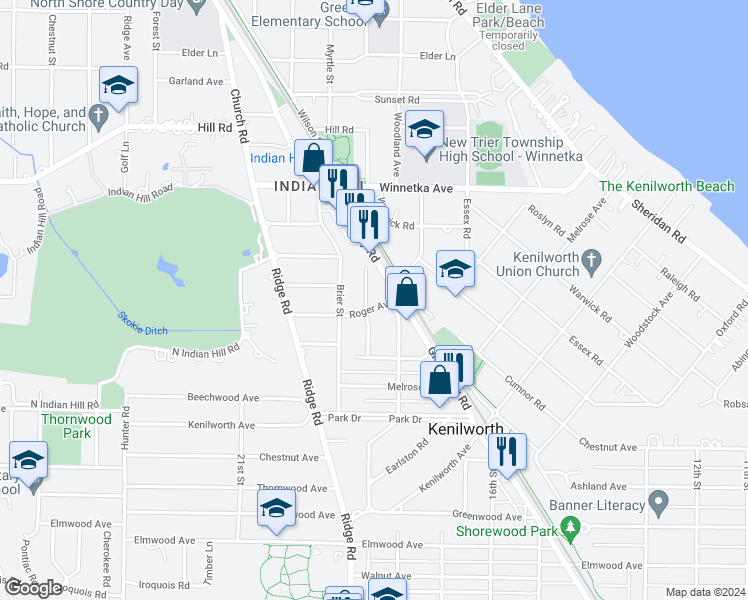 map of restaurants, bars, coffee shops, grocery stores, and more near 619 Roger Avenue in Kenilworth