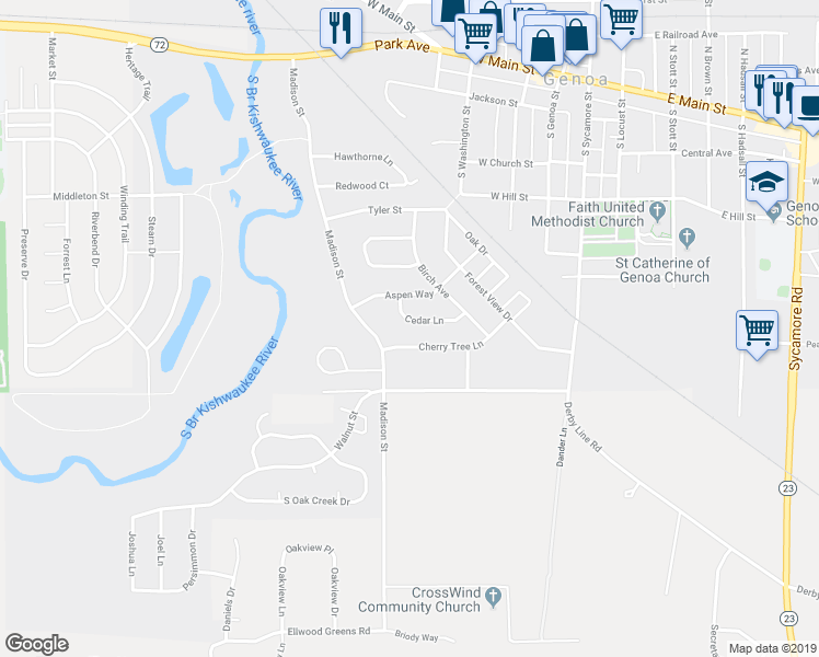map of restaurants, bars, coffee shops, grocery stores, and more near 714 Cedar Lane in Genoa