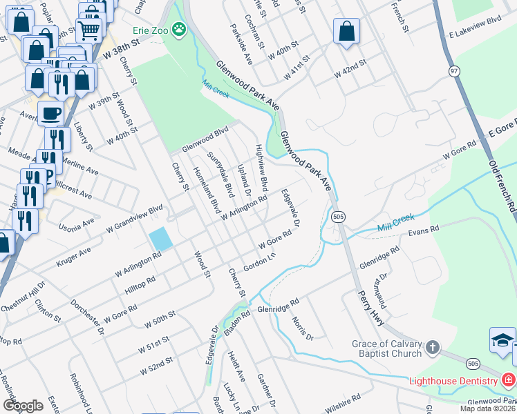 map of restaurants, bars, coffee shops, grocery stores, and more near 447 Arlington Road in Erie