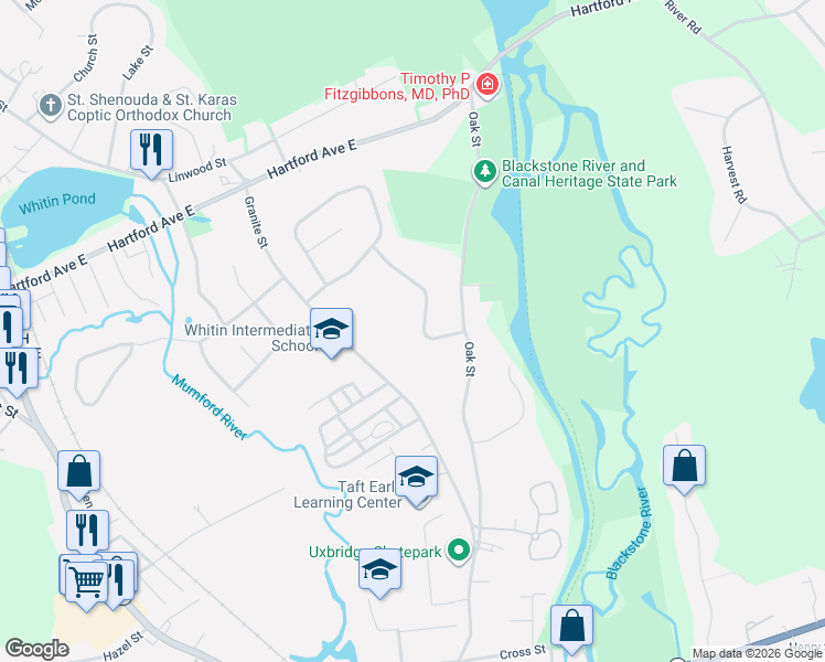 map of restaurants, bars, coffee shops, grocery stores, and more near 18 Pinecrest Road in Uxbridge