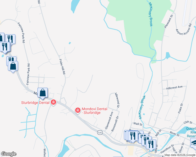 map of restaurants, bars, coffee shops, grocery stores, and more near 38 Ridge Hill Road in Sturbridge