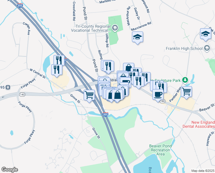 map of restaurants, bars, coffee shops, grocery stores, and more near 1000 Franklin Village Drive in Franklin