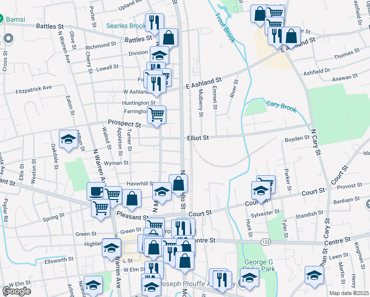 map of restaurants, bars, coffee shops, grocery stores, and more near 203 North Montello Street in Brockton