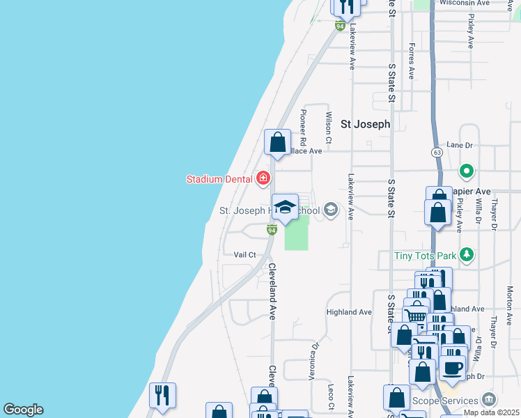 map of restaurants, bars, coffee shops, grocery stores, and more near 222 Crofton Circle in St. Joseph