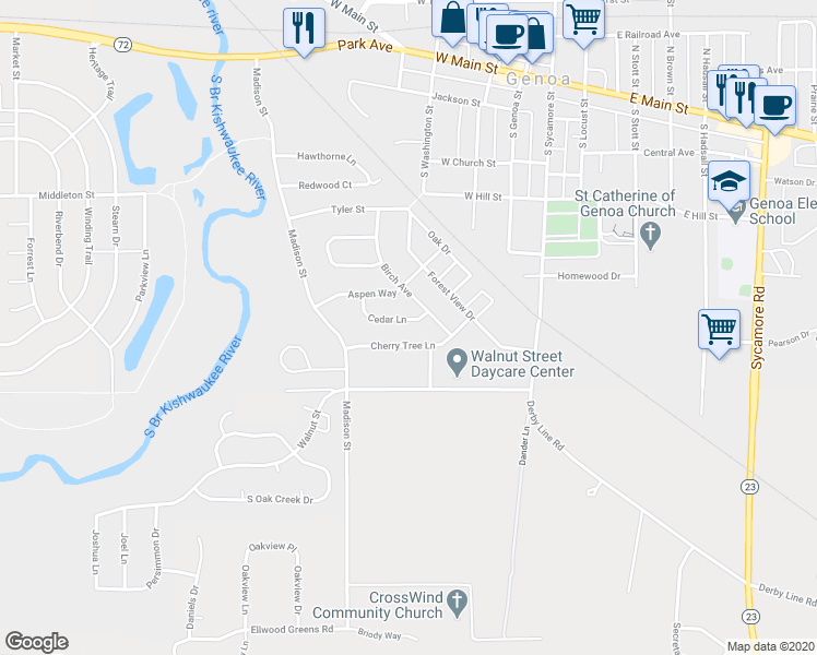map of restaurants, bars, coffee shops, grocery stores, and more near 704 Cedar Lane in Genoa