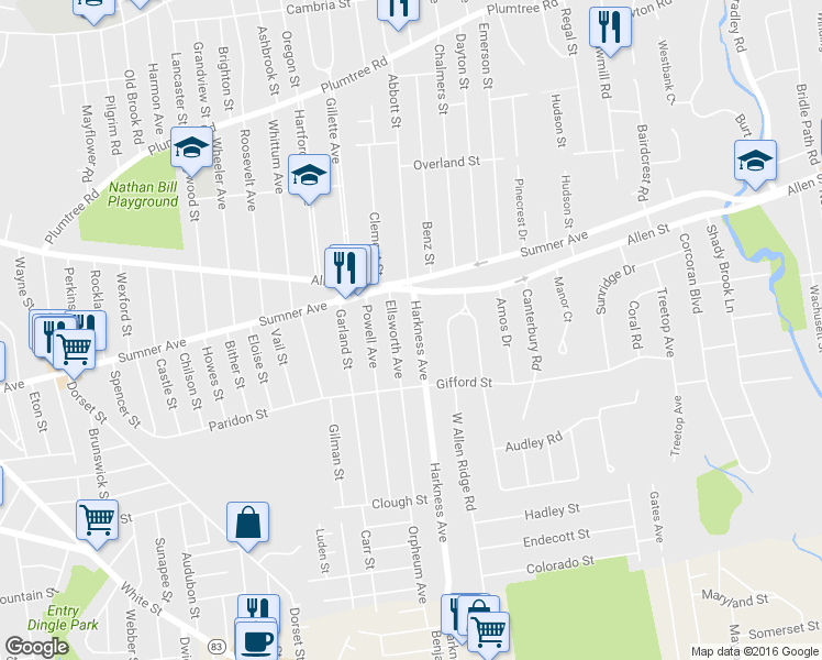 map of restaurants, bars, coffee shops, grocery stores, and more near 40 Harkness Avenue in Springfield