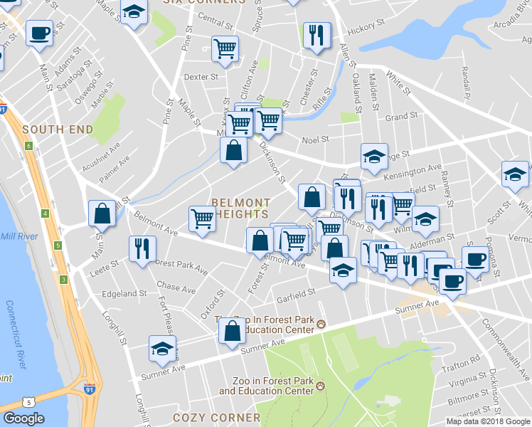 map of restaurants, bars, coffee shops, grocery stores, and more near 79 Marengo Park in Springfield