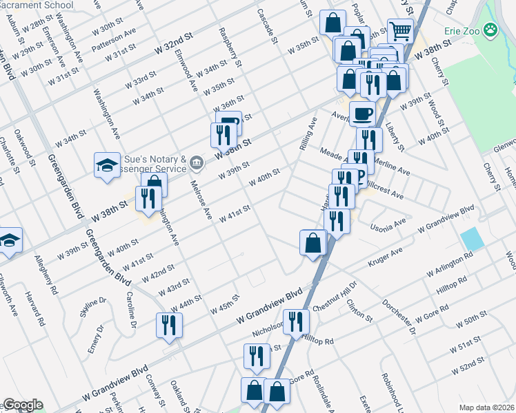 map of restaurants, bars, coffee shops, grocery stores, and more near 4103 Elmwood Ave in Erie