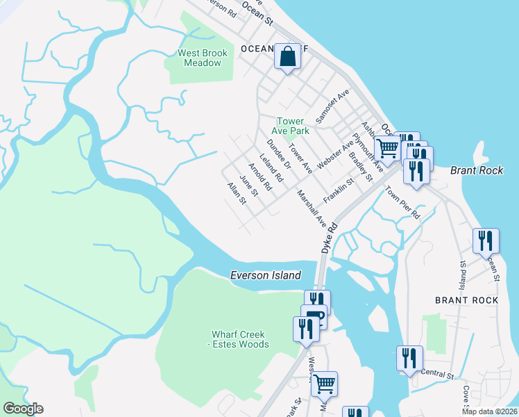 map of restaurants, bars, coffee shops, grocery stores, and more near 200 Webster Avenue in Marshfield