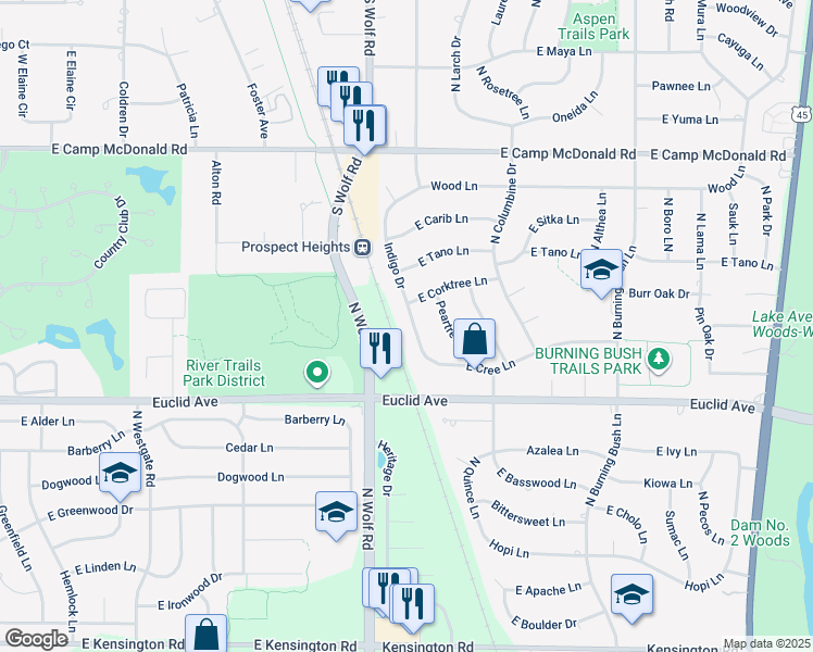 map of restaurants, bars, coffee shops, grocery stores, and more near 1330 Indigo Drive in Mount Prospect