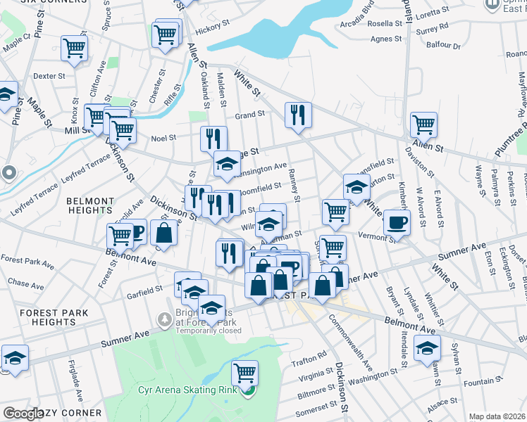 map of restaurants, bars, coffee shops, grocery stores, and more near 97 Johnson Street in Springfield