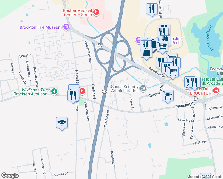 map of restaurants, bars, coffee shops, grocery stores, and more near 54 Westland Street in Brockton