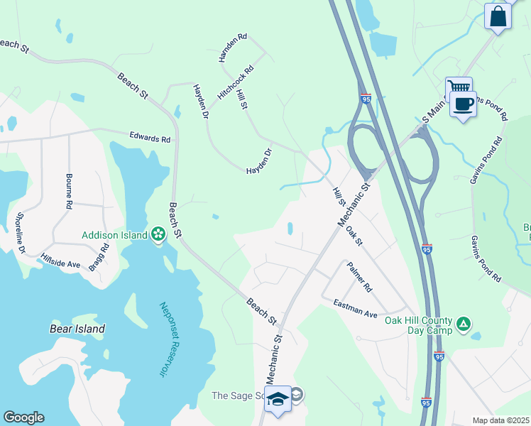 map of restaurants, bars, coffee shops, grocery stores, and more near 7 Morris Street in Foxborough