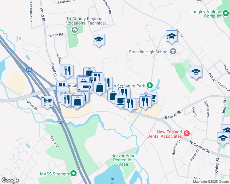 map of restaurants, bars, coffee shops, grocery stores, and more near 505 West Central Street in Franklin