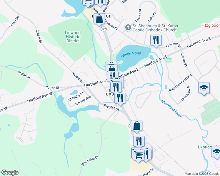 map of restaurants, bars, coffee shops, grocery stores, and more near in Uxbridge