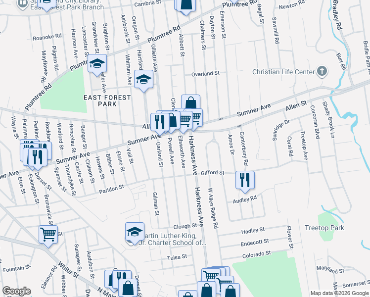 map of restaurants, bars, coffee shops, grocery stores, and more near 40 Harkness Avenue in Springfield