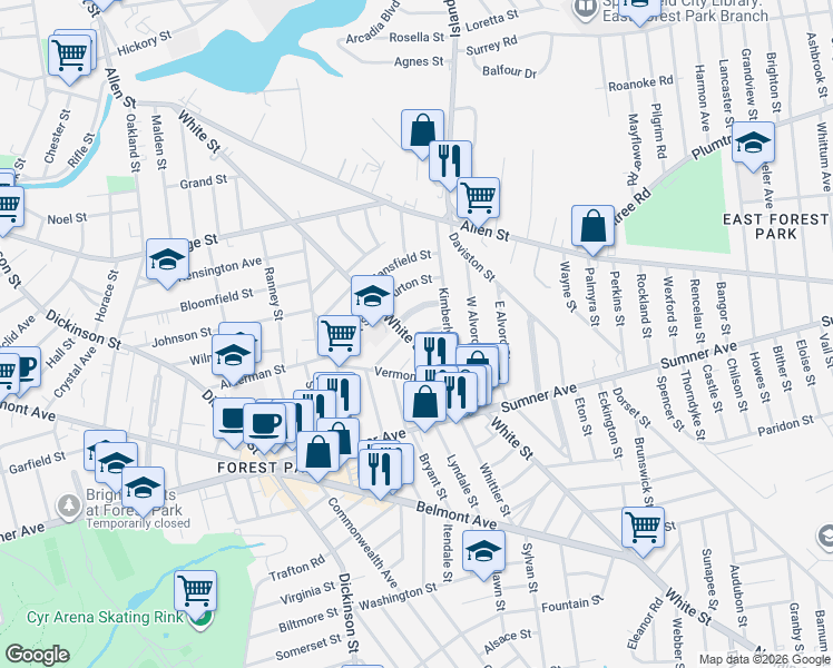 map of restaurants, bars, coffee shops, grocery stores, and more near 341-343 White Street in Springfield